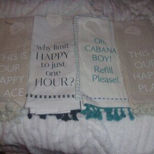4 sets Kitchen Dish Towel Set Oh Cabana Boy! Happy Place! White & Teal 25" x 15"